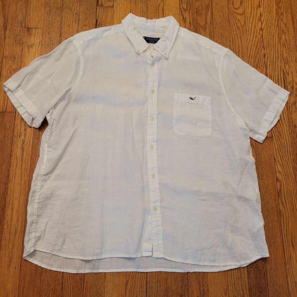 Vineyard Vines XXL Shirt White Linen Short Sleeve Whale Logo Button Down Summer